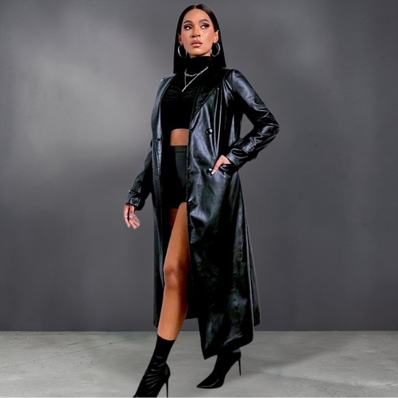 Long Black Faux Leather Trench Coat - Women's Coat - Picture 2 of 12